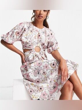 Floral Ring Cut Out Midi Dress Puff Sleeves M 6